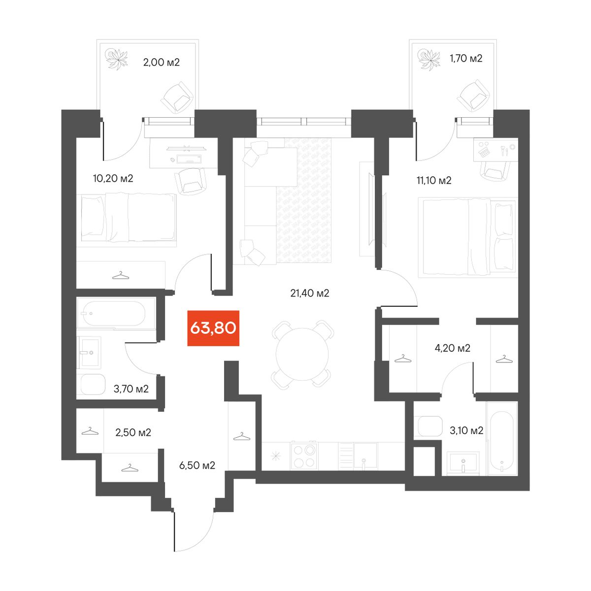 2-комнатная 63,8 м²