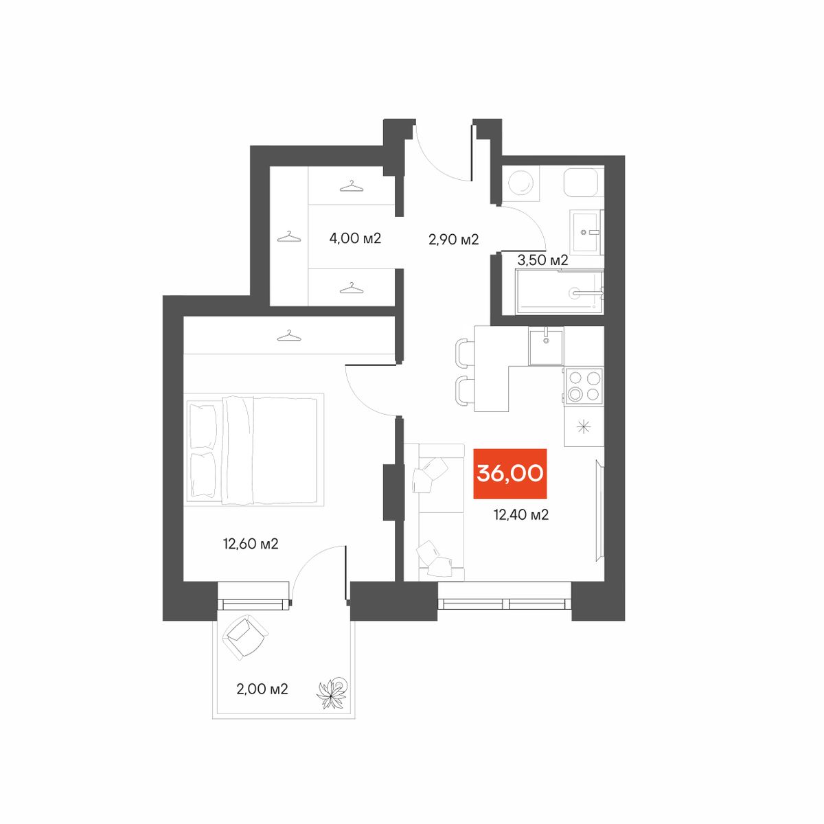 1-комнатная 36 м²