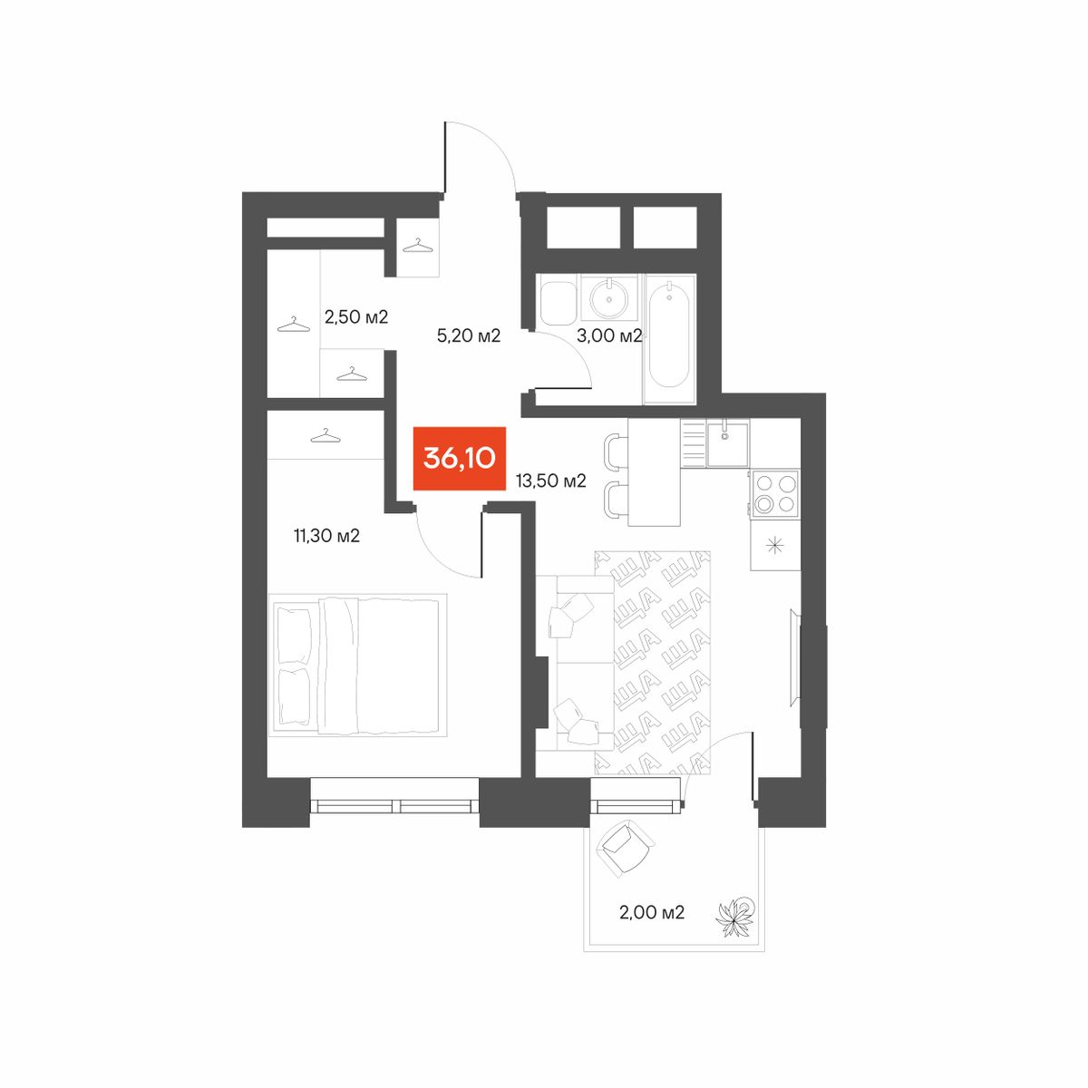 Планировка 1-комнатная 36,1 м²