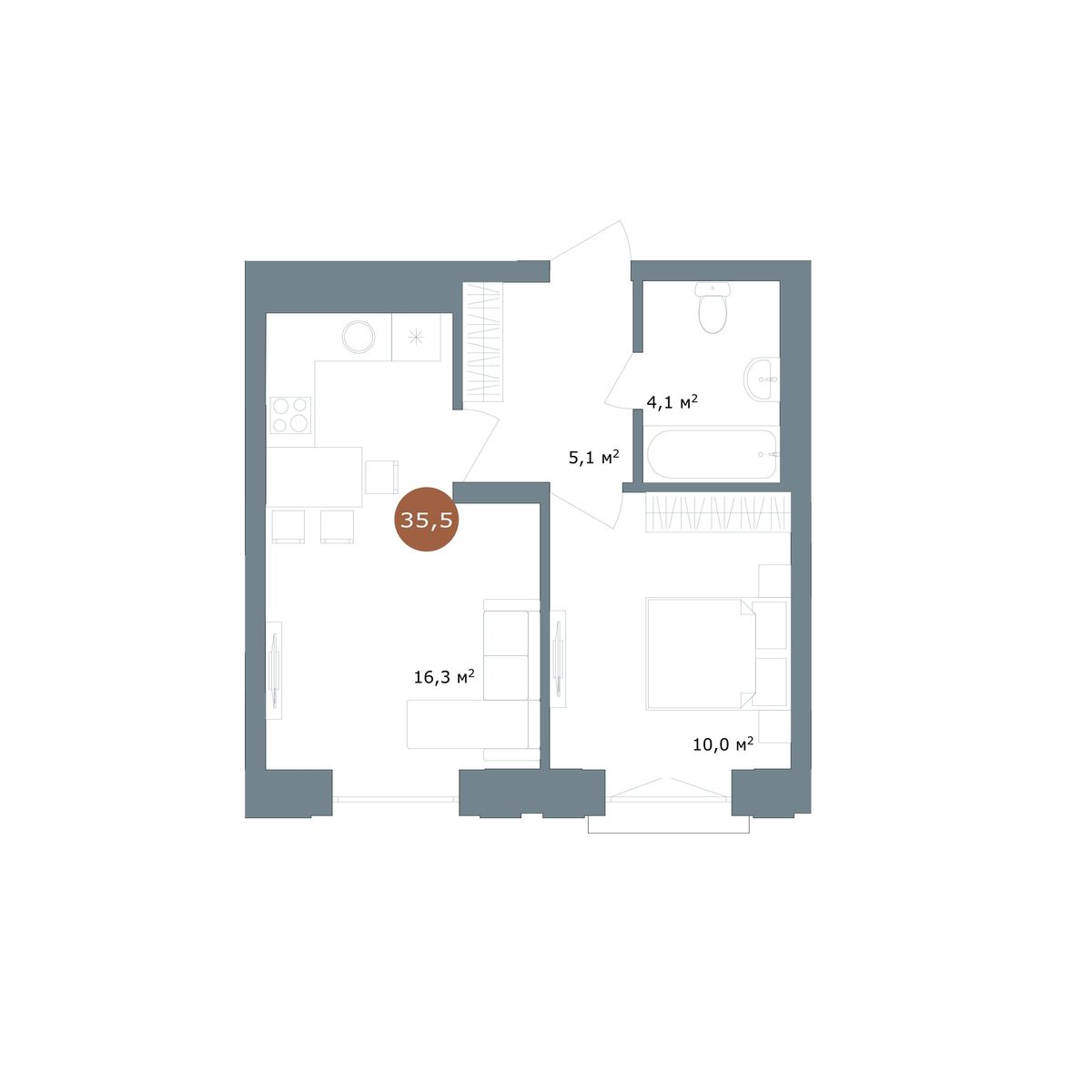 1-комнатная 35,57 м²