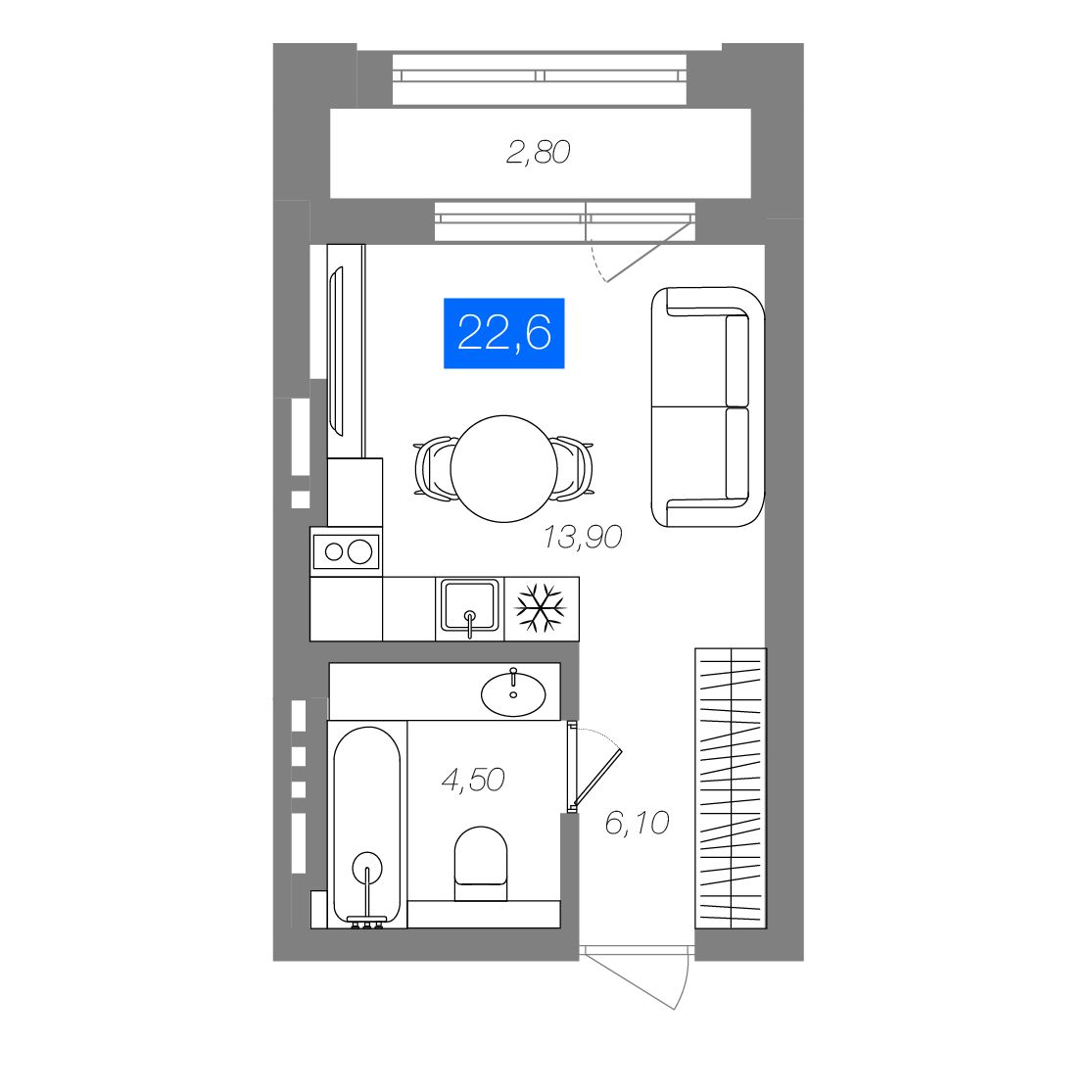 Планировка Студия 22,6 м²