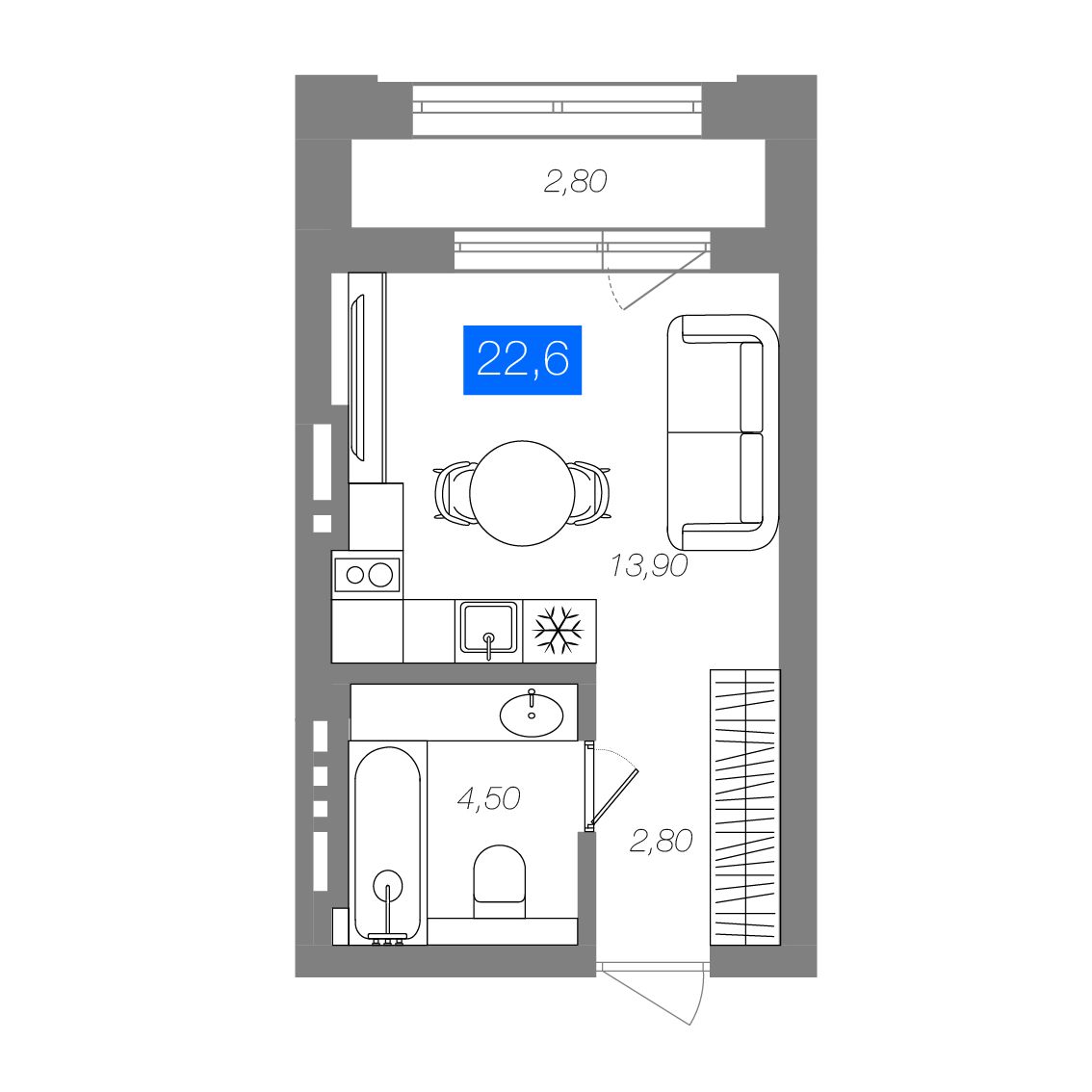 Планировка Студия 22,6 м²