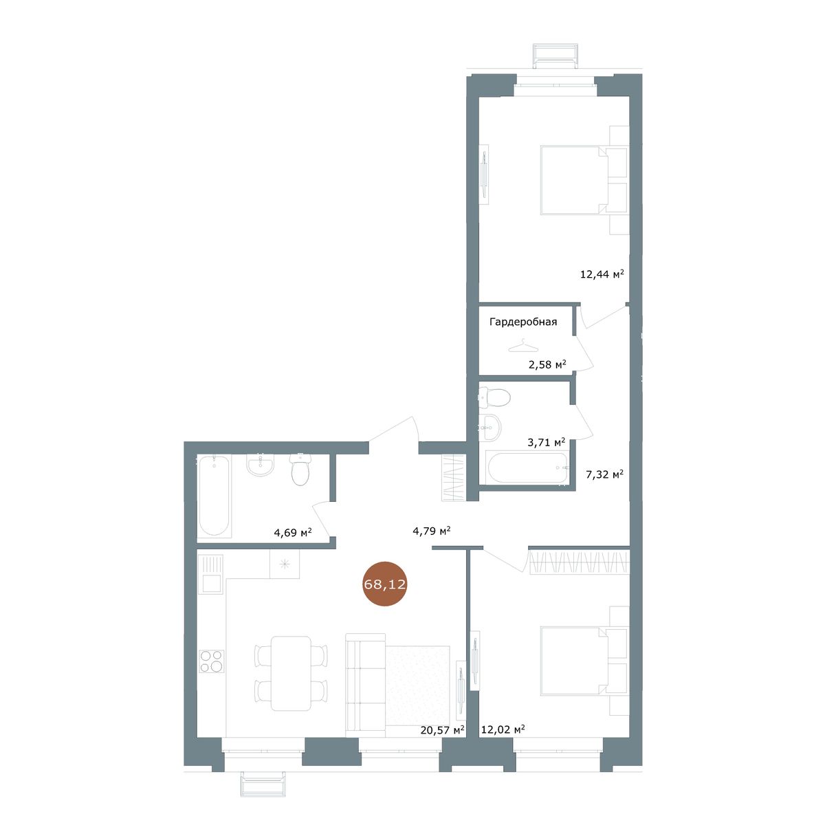 2-комнатная 68,14 м²