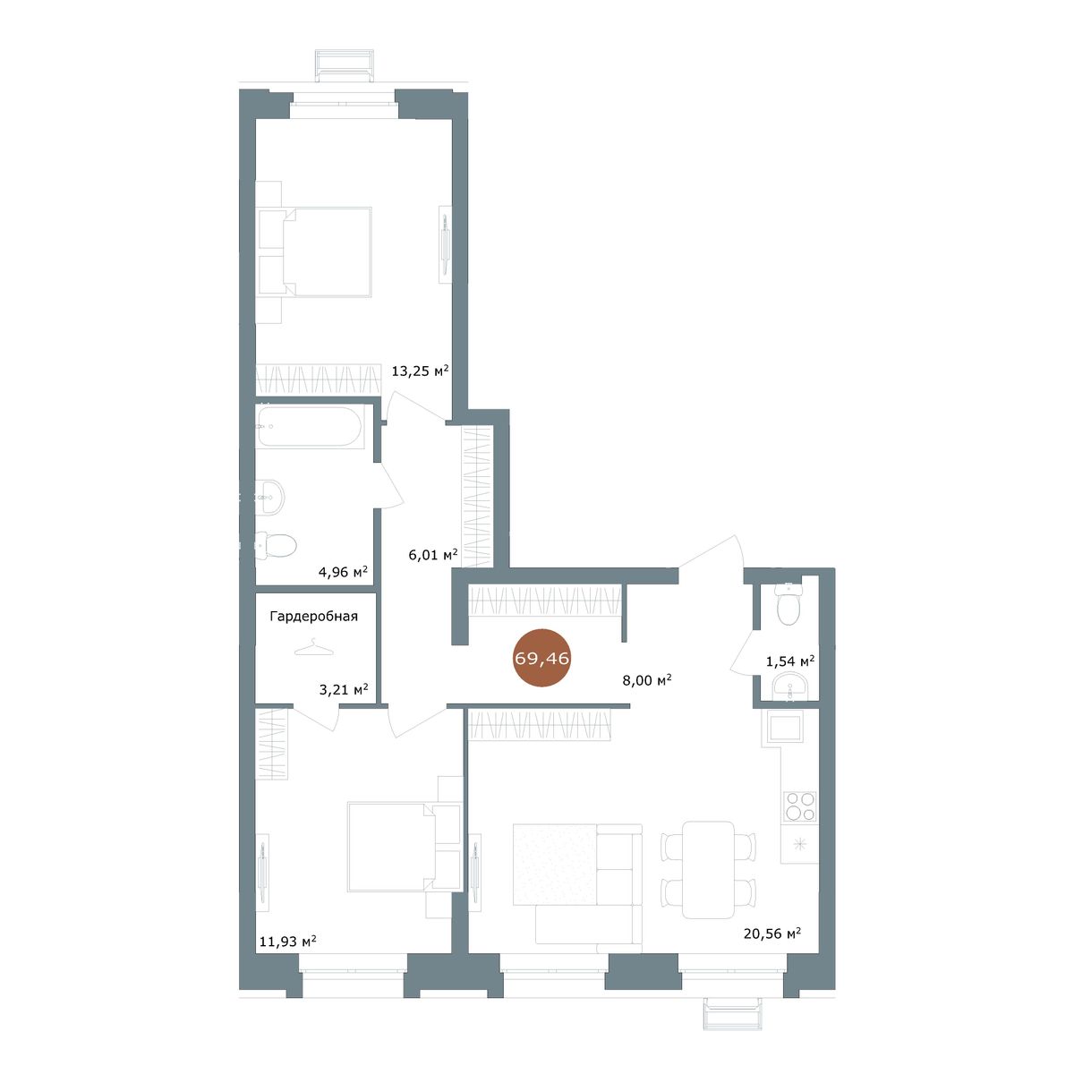 2-комнатная 69,46 м²