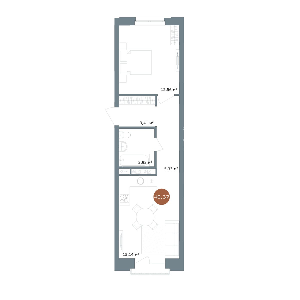 1-комнатная 40,37 м²