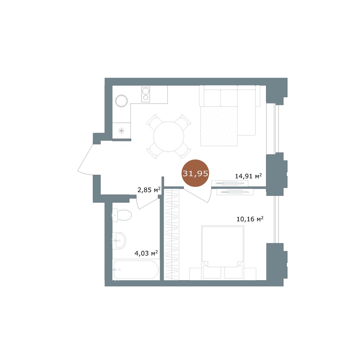 1-комнатная 31,95 м²